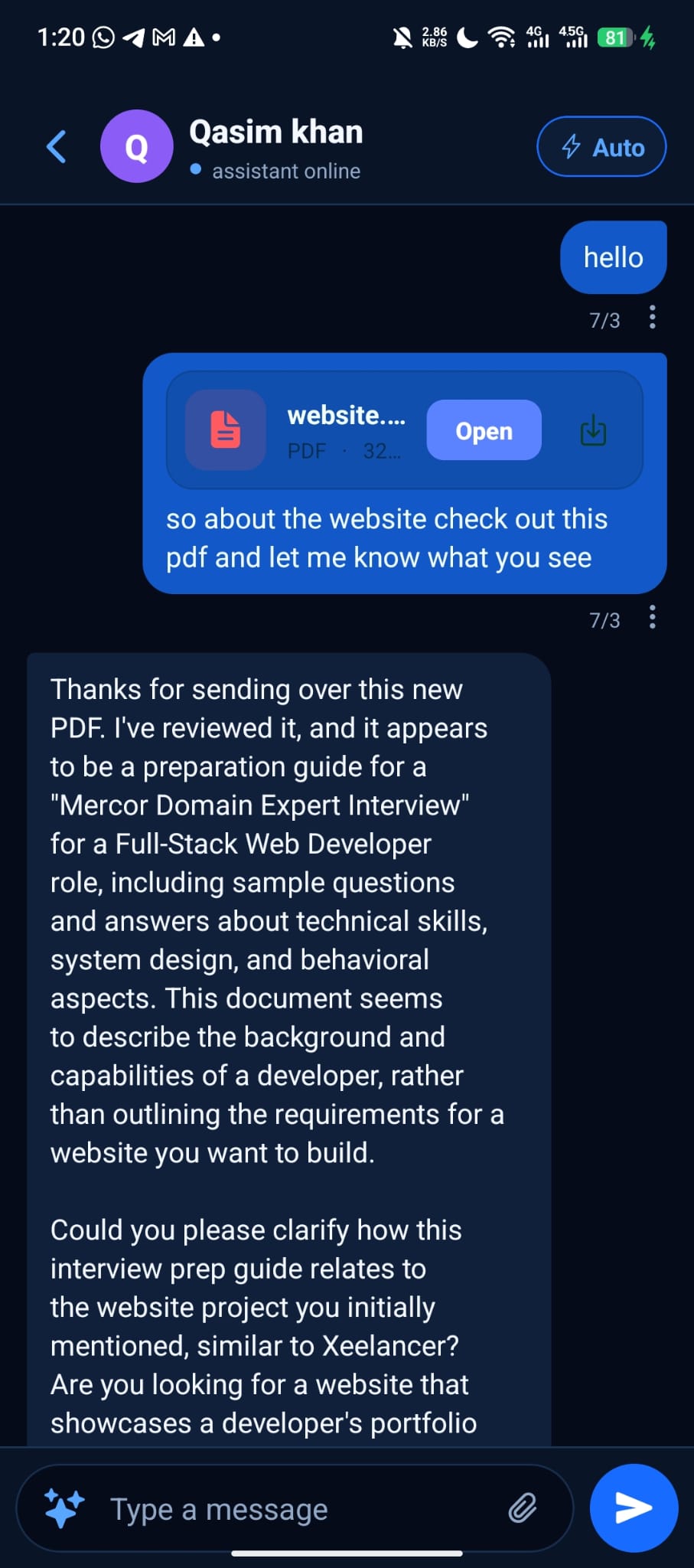 SafeLog Assistant chat when the Fiverr account is online
