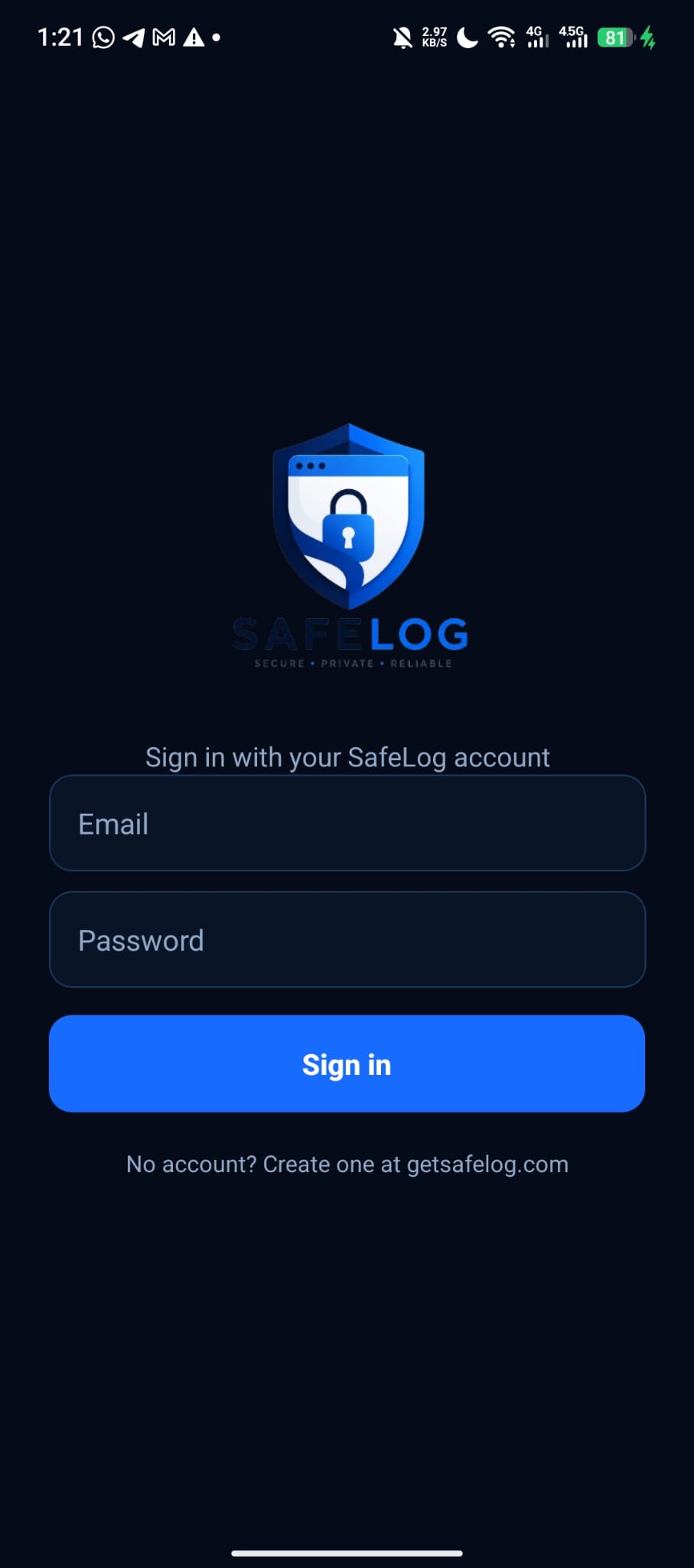 SafeLog Assistant mobile login screen